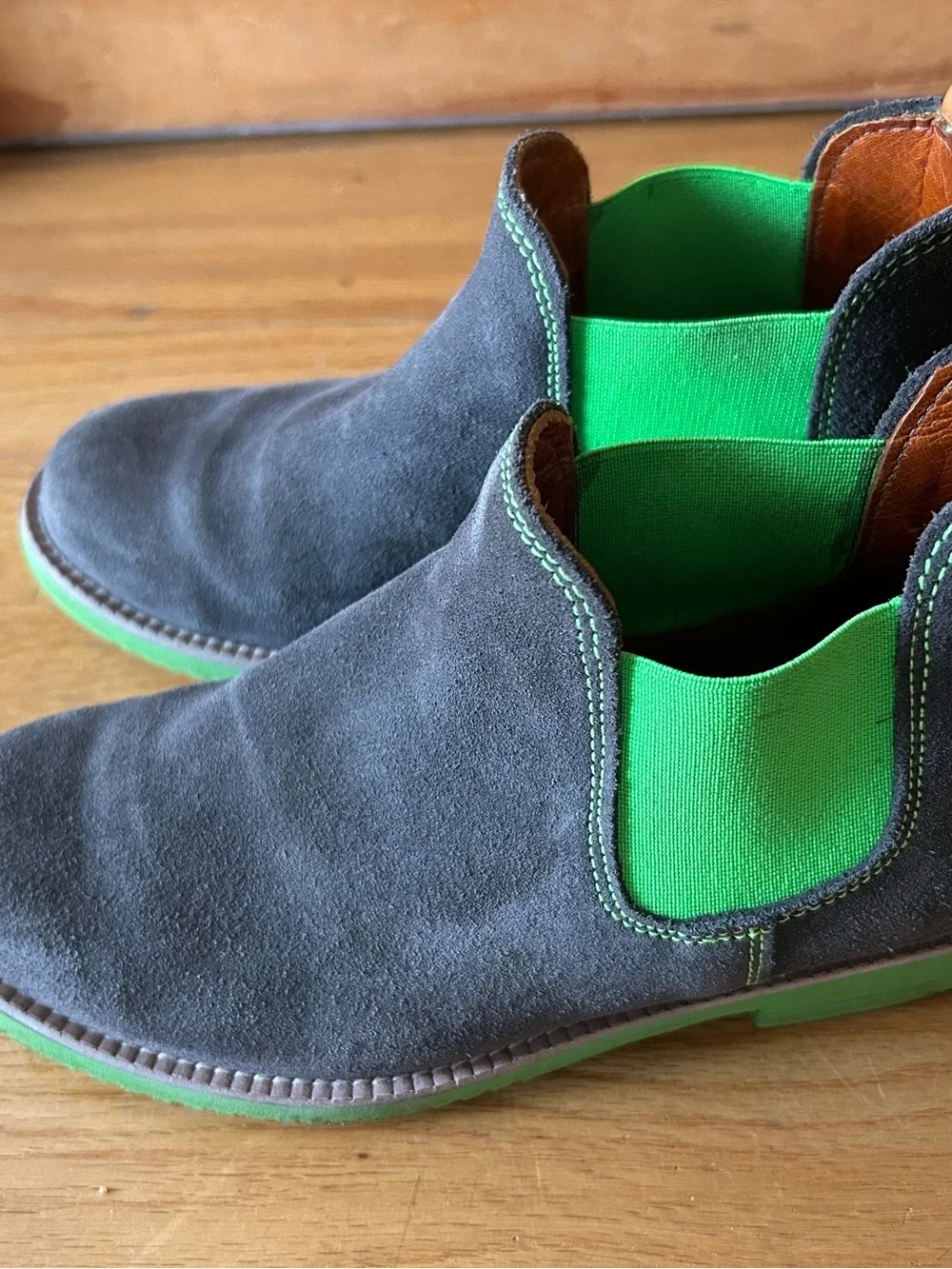 Kids Suede Chelsea Boot in Brown and Neon Green